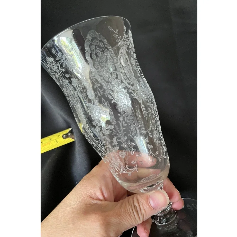 Vintage Etched Floral Glass Goblet Clear Crystal Celery Vase7.5in